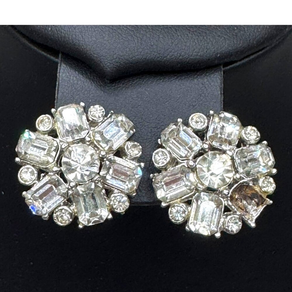 Vintage Claudette Rhinestone Clip-On Earrings Ice Crystal Snowflake Art Deco SEE